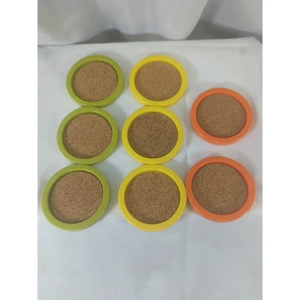 Retro MCM Multi Colored Acrylic Plastic Cork Round Coasters Set Of 8 Made In USA